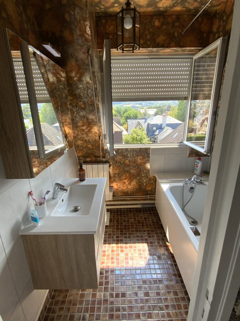 Salle de bains sous combles avant travaux avec baignoire et meuble vasque